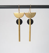 Load image into Gallery viewer, Brass Crescent + Bar + Balck Disc Earrings
