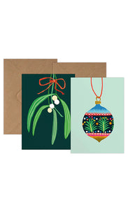 Christmas Mini Card Pack of 6 - Mistletoe + Bauble
