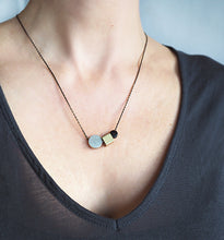 Load image into Gallery viewer, Silver Circle + Brass Cube + Black Disc Necklace
