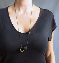 Load image into Gallery viewer, Lava Bead + Gold Disc + Labradorite Stone Necklace
