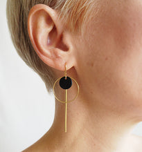 Load image into Gallery viewer, Brass Circle + Bar + Black Disc Earrings
