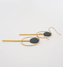 Load image into Gallery viewer, Brass Circle + Bar + Black Disc Earrings
