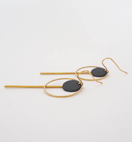 Brass Circle + Bar + Black Disc Earrings