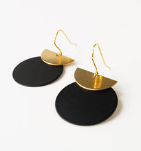 Load image into Gallery viewer, Brass Crescent + Black Disc Earrings
