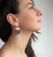Load image into Gallery viewer, Brass Crescent + Black Disc Earrings
