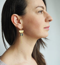 Load image into Gallery viewer, Brass Crescent + Bar + Balck Disc Earrings
