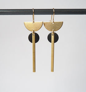 Brass Crescent + Bar + Balck Disc Earrings