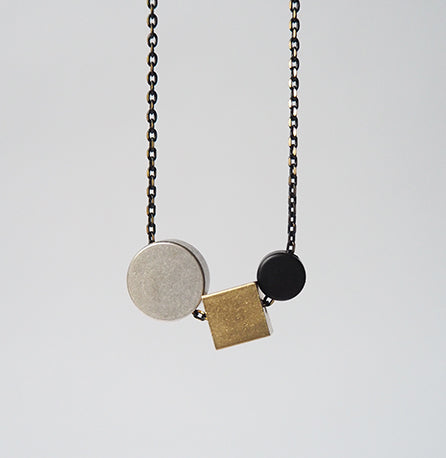 Silver Circle + Brass Cube + Black Disc Necklace