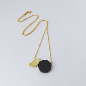 Brass Semi Circle + Black Disc Necklace