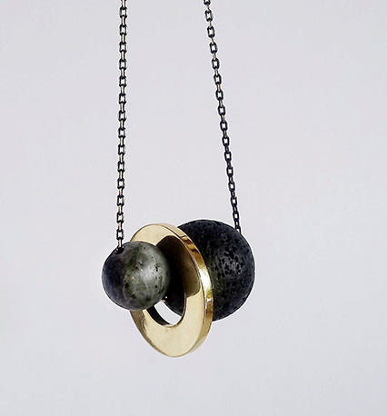 Lava Bead + Gold Disc + Labradorite Stone Necklace