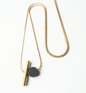 Brass Cylinder + Black Disc Necklace